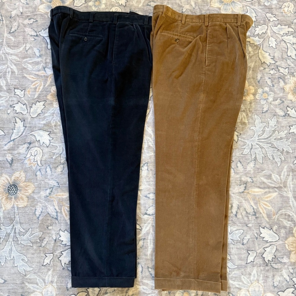 Brooks Brothers Elliot Corduroy Pants Mens 36x32 Blue Brown Pleated Cuffed 2prs